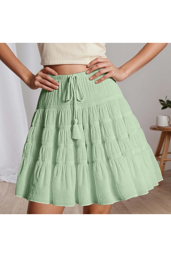 Womens Solid Tiered Boho Pleated Drawstring Waist Knee Length Flowy Midi Short Skirts Jean Skirt for Women Figure Skating Skirt Overall Skirt for Women Workout Skirt High Split Skirt Womens Pencil