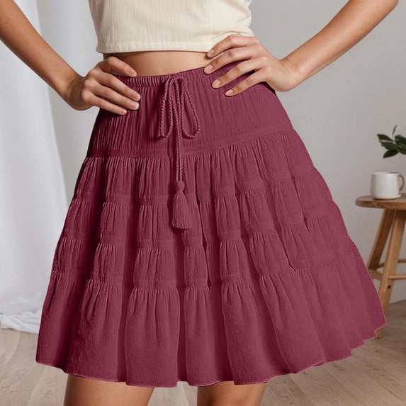 Womens Solid Tiered Boho Pleated Drawstring Waist Knee Length Flowy Midi Short Skirts Jean Skirt for Women Figure Skating Skirt Overall Skirt for Women Workout Skirt High Split Skirt Womens Pencil