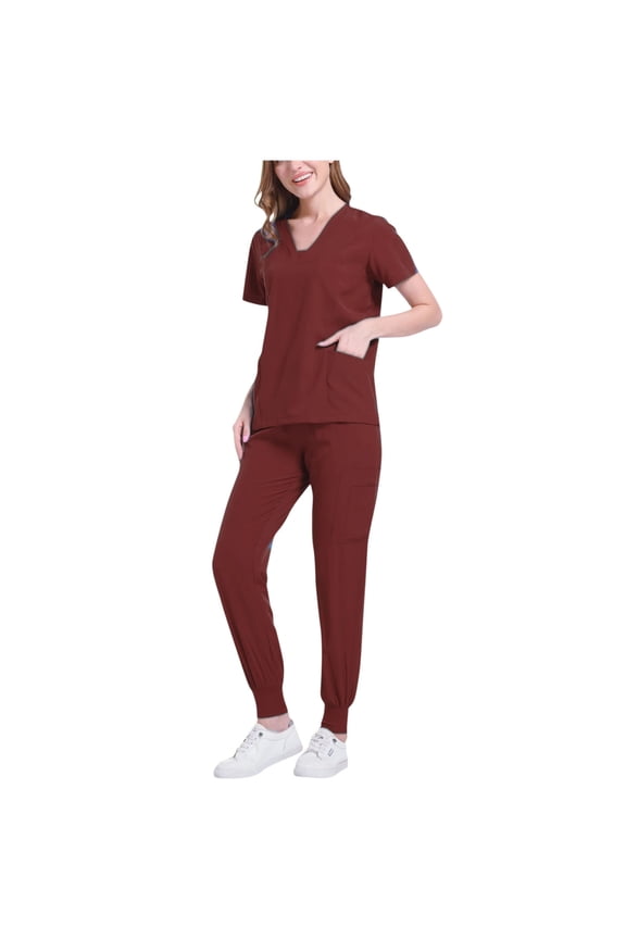 Womens Solid Uniform Sets Loose Ankle Cuff Pants Pocket Caregiver Short Sleeve V-Neck Blouses Nursing Uniform Set
