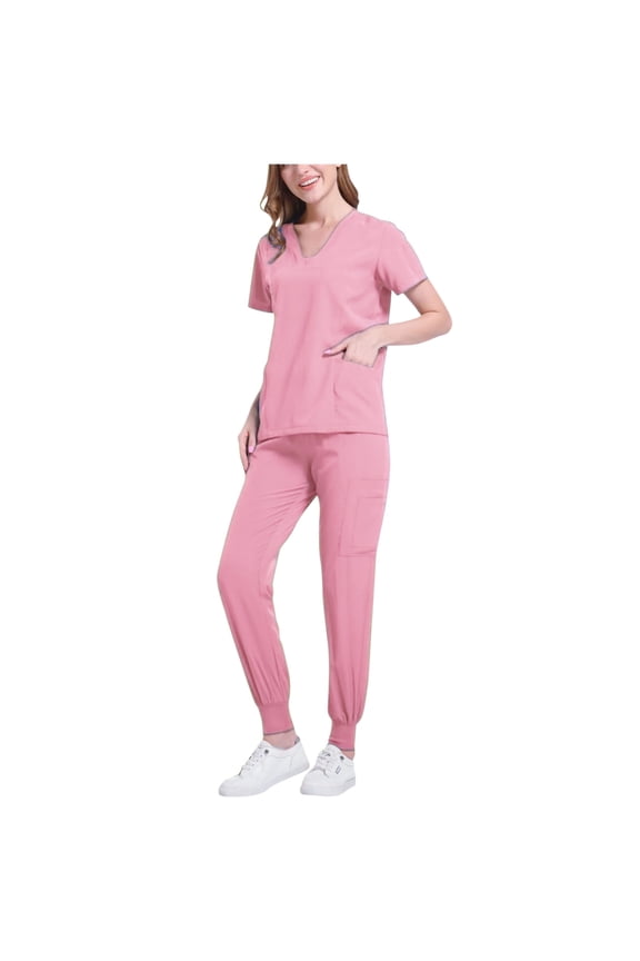 Womens Solid Uniform Sets Loose Ankle Cuff Pants Pocket Caregiver Short Sleeve V-Neck Blouses Nursing Uniform Set
