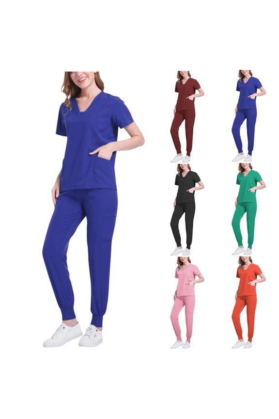Womens Solid Uniform Sets Loose Ankle Cuff Pants Pocket Caregiver Short Sleeve V-Neck Blouses Nursing Uniform Set