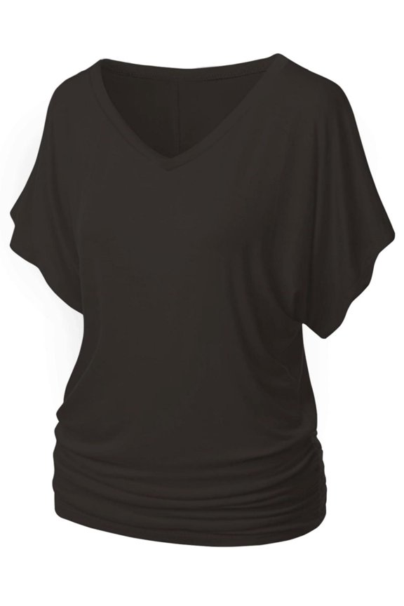 Womens Solid V-Neck Boat Neck Dolman Top with Side Shirring Drape Tunic Short Sleeve