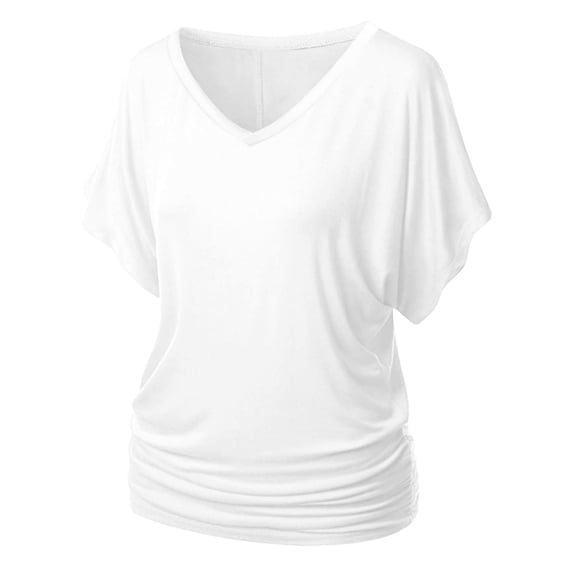 Womens Solid V-Neck Boat Neck Dolman Top with Side Shirring Drape Tunic Short Sleeve