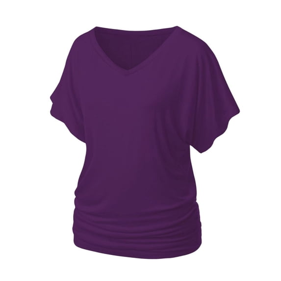 Womens Solid V-Neck Boat Neck Dolman Top with Side Shirring Drape Tunic Short Sleeve