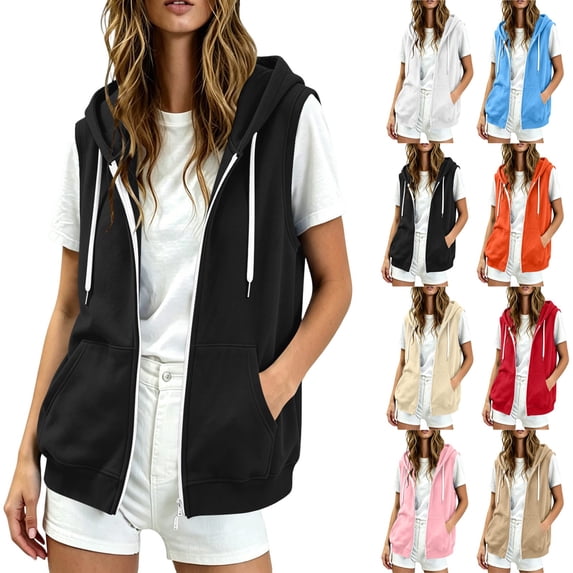 Womens Solid Vest, Sleeveless Pullover Hoodie with Drawstring Pockets, Womens Trendy Sweatshirt, Fall Winter Casual Workout Wear | VerBelle,Red M