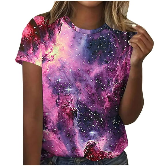 Womens Space Graphic Shirts Short Sleeve Blouse Crewneck Pullover Tops Loose Tunic Clothing