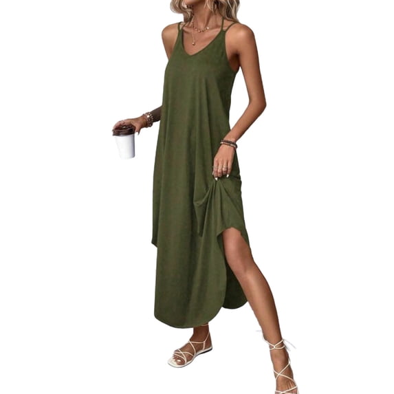 Womens Spaghetti Strap Beach Dresses Summer Vacation Split Sleeveless Cami Dress Travel Trendy Long Maxi Sundress Army Green, XL