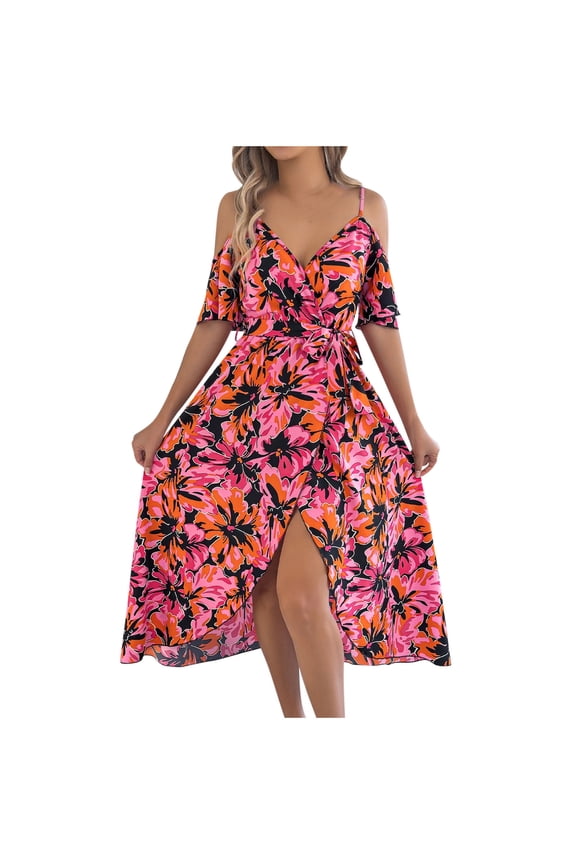 Womens Spaghetti Strap Bohemian Vacation Dresses, Cold Shoulder Summer Loose V Neck Long Cocktail Beach Dress