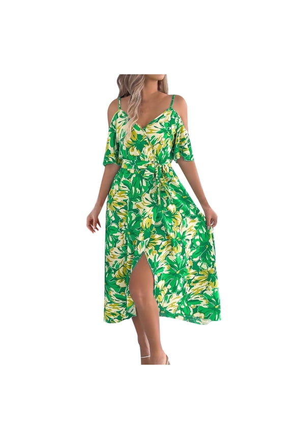 Womens Spaghetti Strap Bohemian Vacation Dresses, Cold Shoulder Summer Loose V Neck Long Cocktail Beach Dress