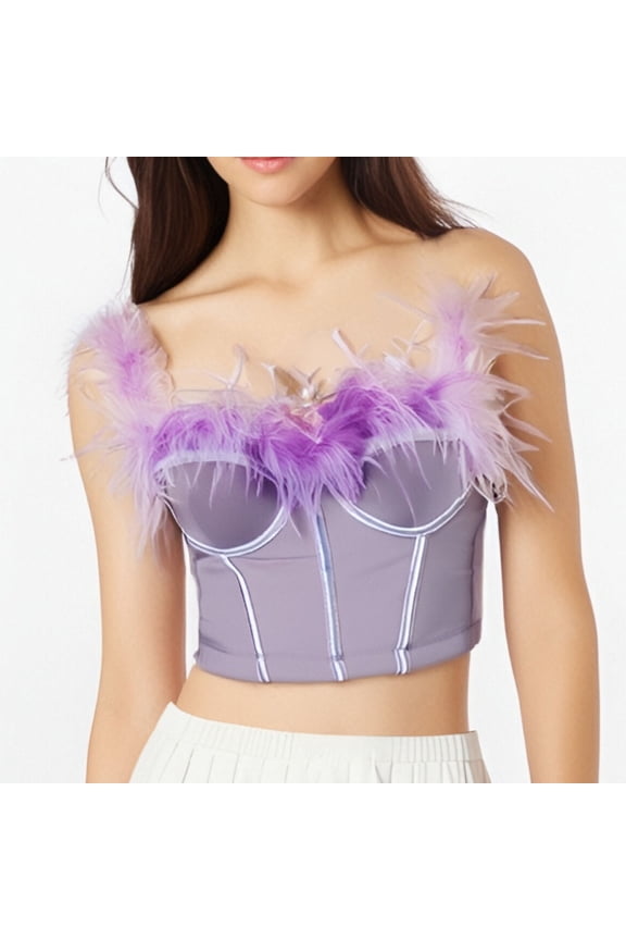 Womens Spaghetti Strap Bustier Detachable Strap Mesh Tube Cropped Corset Tank Tops Clubwear Purple S