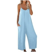 Womens Spaghetti Strap Jumpsuit with Pocket Casual Wide Leg Baggy Rompers for Women Long Pants Overalls Summer Outfits, Sky Blue, XXXL