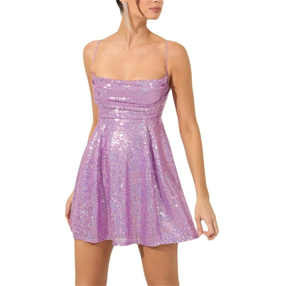 Womens Spaghetti Strap Sequined Layered Mini Dress Sleeveless Sparkly Party Clubwear Mini Dresses