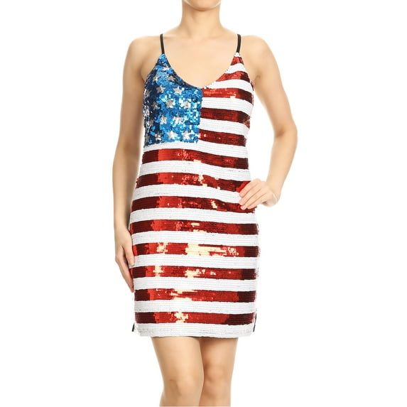 Womens Spaghetti Strap Sleeveless USA American Flag Patriotic Sequin Dress