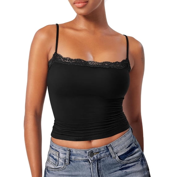 Womens Spaghetti Strap Tank Top Smoothing Tank Tops Womens Sleeveless Tops Long Undershirts for Women Workout Tank Tops Layering Undershirt Womens Underwear Black S