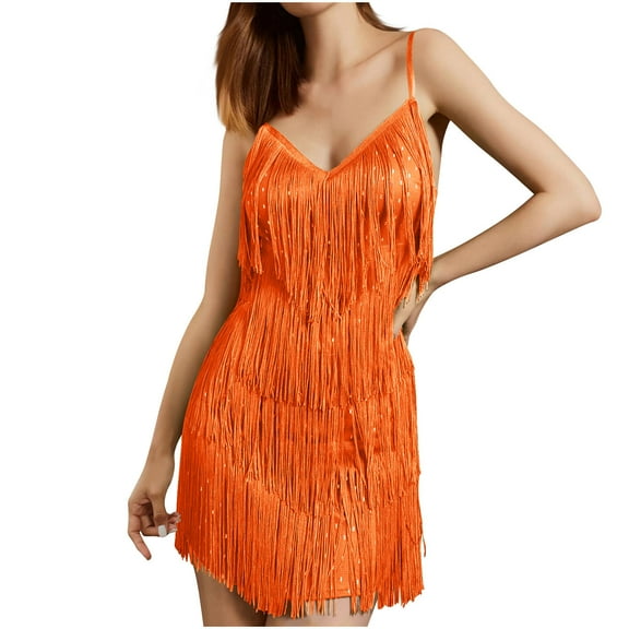 Womens Spaghetti Strap Tassels Elegant Dance Dress Sexy V Neck Sparkly 1920s Flapper Great Gatsby Party Evening Dress