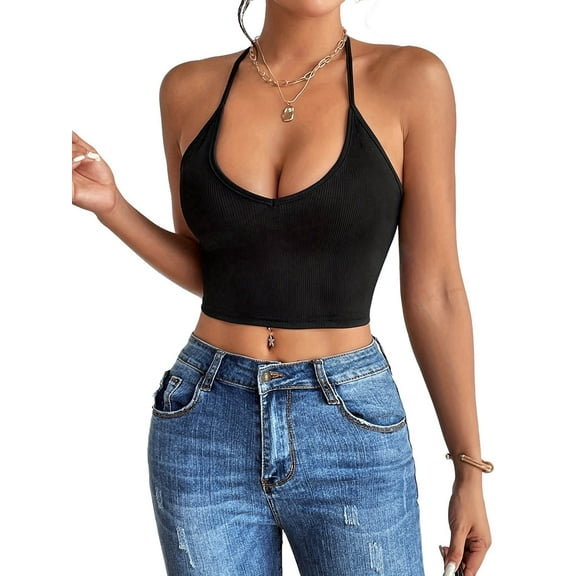 Womens Spaghetti Strap V-Neck Ribbed Tank Tops for Women 2025 Slim Fitted Soft Camisole Basic Layering Shirts Black XS