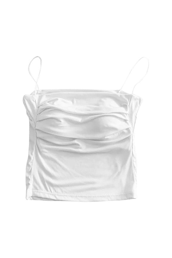 Womens Spaghetti Straps Cropped Top with Build in Bra Pleated Solid Color Top,Layering Daily Casual Wear White One Size
