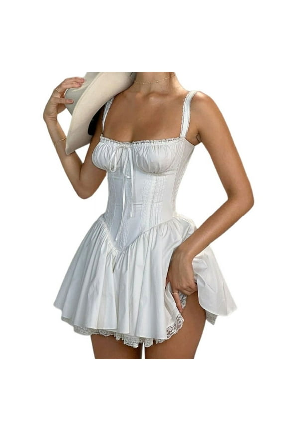 Womens Spaghetti Straps Sleeveless Bodycon Midi Dress Vintage French Style Lace Trim Short Dress for Party