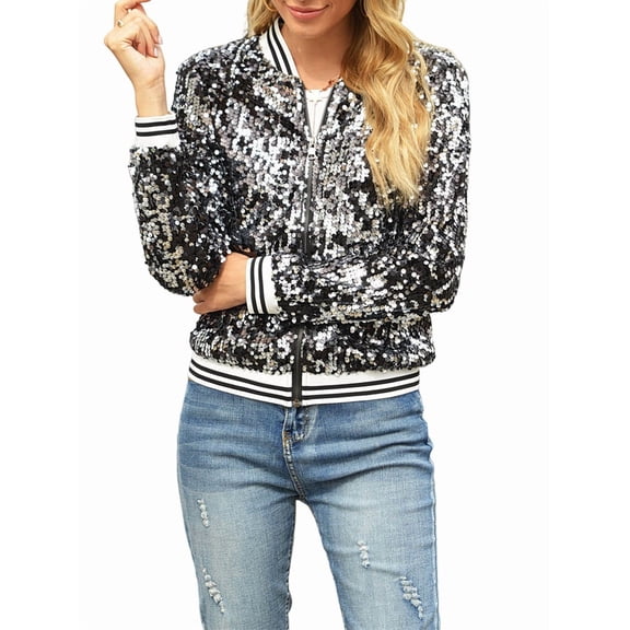 Womens Sparkle Baseball Jacket Sequin Shimmer Jacket Coat Long Sleeve Glitter Shiny Baseball Jacket Outerwear Black S