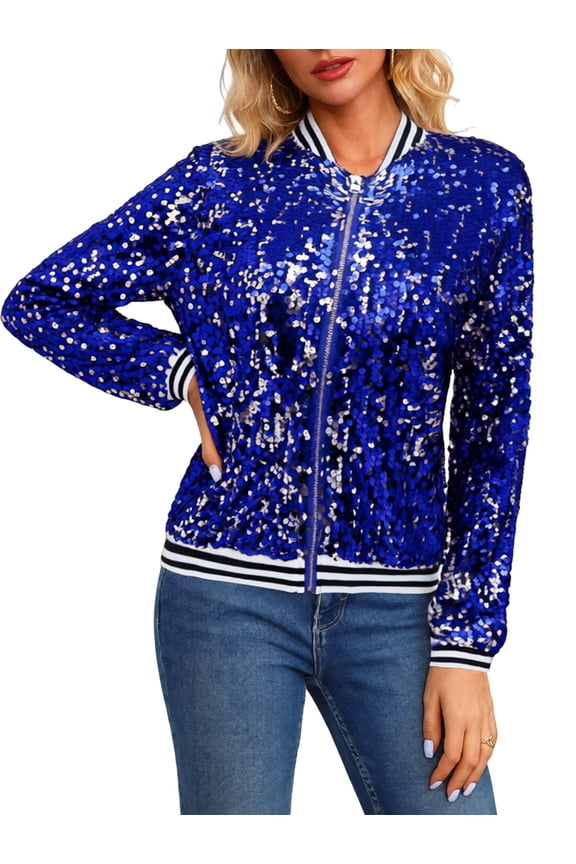 Womens Sparkle Baseball Jacket Sequin Shimmer Jacket Coat Long Sleeve Glitter Shiny Baseball Jacket Outerwear Blue M