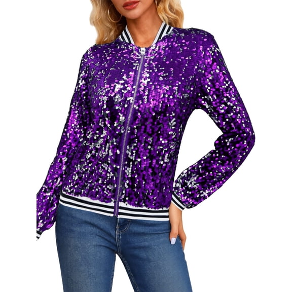 Womens Sparkle Baseball Jacket Sequin Shimmer Jacket Coat Long Sleeve Glitter Shiny Baseball Jacket Outerwear L