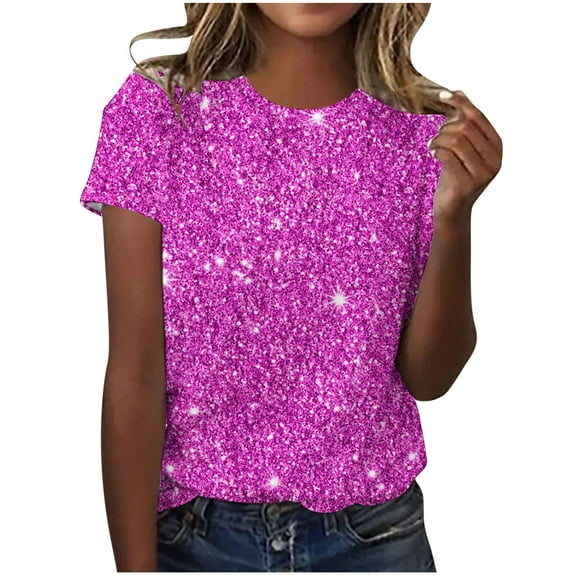 Womens Sparkle Print Short Sleeve T Shirts Round Neck Tops Dressy Casual Blouses Trendy Spring Summer Clothes