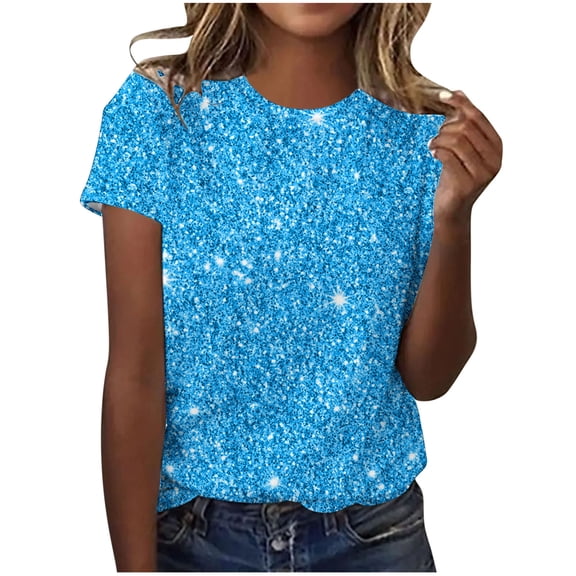 Womens Sparkle Print Short Sleeve T Shirts Round Neck Tops Dressy Casual Blouses Trendy Spring Summer Clothes
