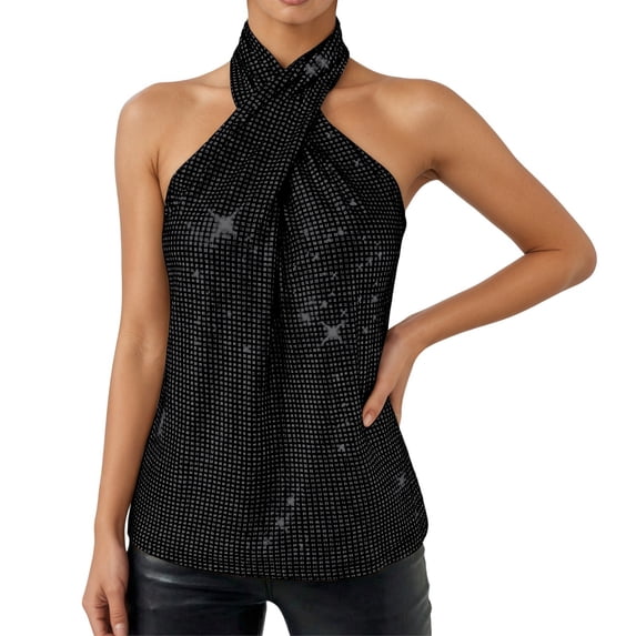 Womens Sparkling Camisole Top Elegant Sleeveless Tank Blouse Casual Party Wear Halter Neck Black L