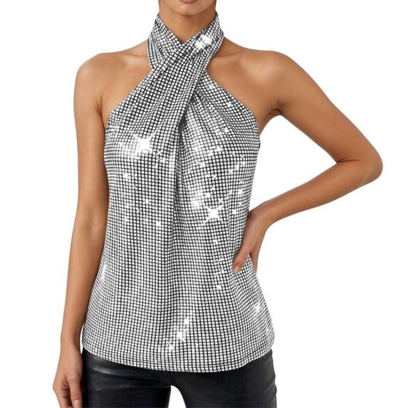 Womens Sparkling Camisole Top Elegant Sleeveless Tank Blouse Casual Party Wear Halter Neck Silver S