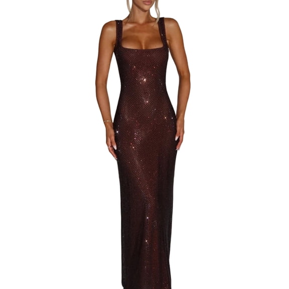 Womens Sparkling Rhinestones Sequins Accent Long Dress Slimming Sleeveless Square Neck Open Back Bodycon Cocktail Gown