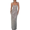 thumbnail image 1 of Womens Sparkling Rhinestones Sequins Accent Long Dress Slimming Sleeveless Square Neck Open Back Bodycon Cocktail Gown, 1 of 8