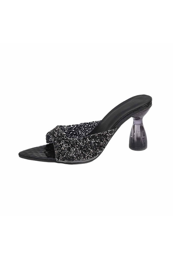 Womens Sparkly Black Sequin Mule Sandals Open Toe Clear Block Heel Party Evening Dressy,Size 5.5