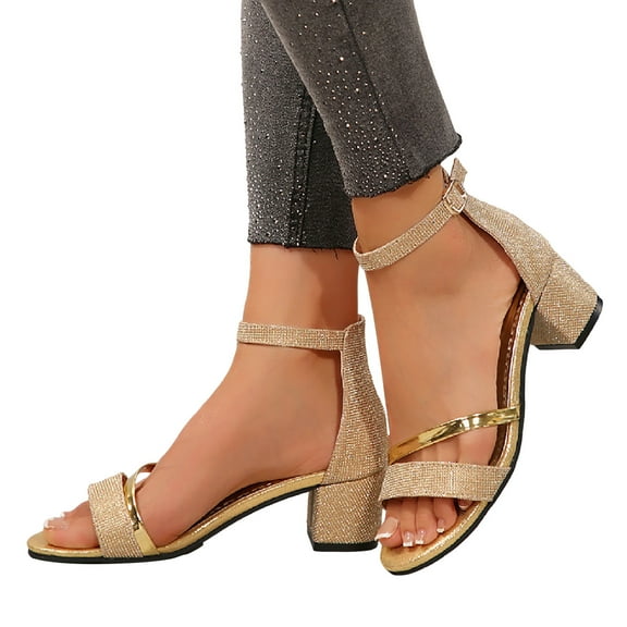 Womens Sparkly Dress Sandals Bling Gold Open Toe Chunky High Heel Dressy Pumps Summer Shoes Bride Wedding