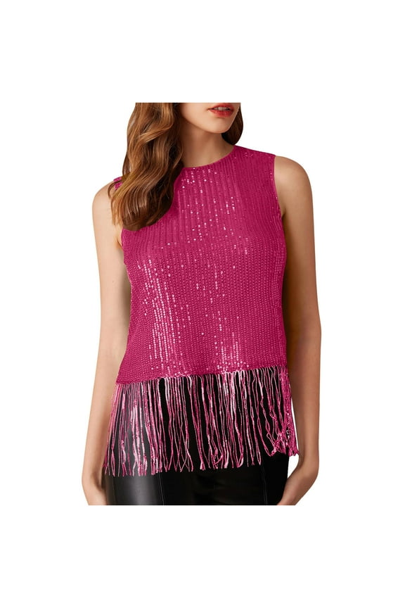Womens Sparkly Fringe Tops Elegant Sleeveless Crewneck Tassel Sequin Tank Top Glitter Crop Party Shirt Cami Outfits