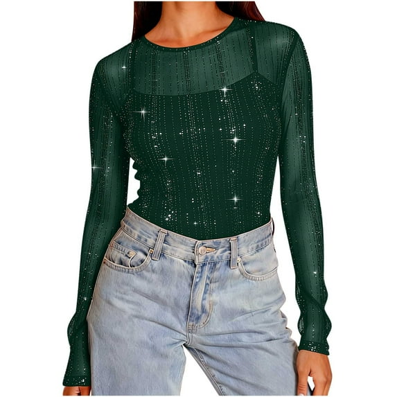 Womens Sparkly Mesh Sheer Blouses Tops Glitter Star See Through Tops Tee Shirt Long Sleeve Sparkly Shirt Holiday Party Concert Rave Outfits