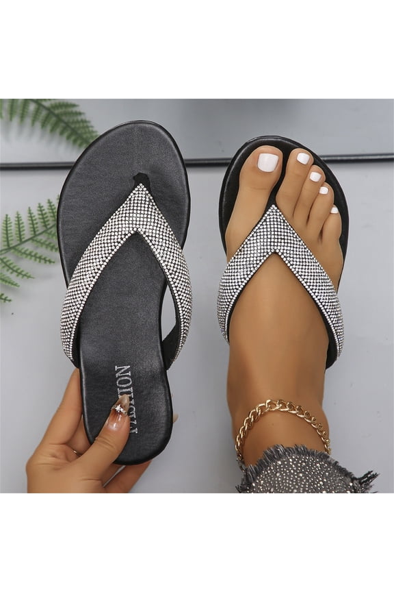 Womens Sparkly Rhinestone Flat Flip Flops Open Toe Casual Summer Shoes Black 41