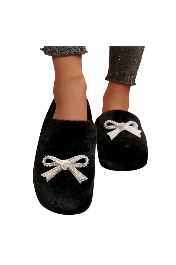 Womens Sparkly Rhinestones Pearl Bow Slippers Bride Bridesmaid Bowknot Fuzzy House Shoes Plush Memory Foam Bedroom Home Indoor Slip on