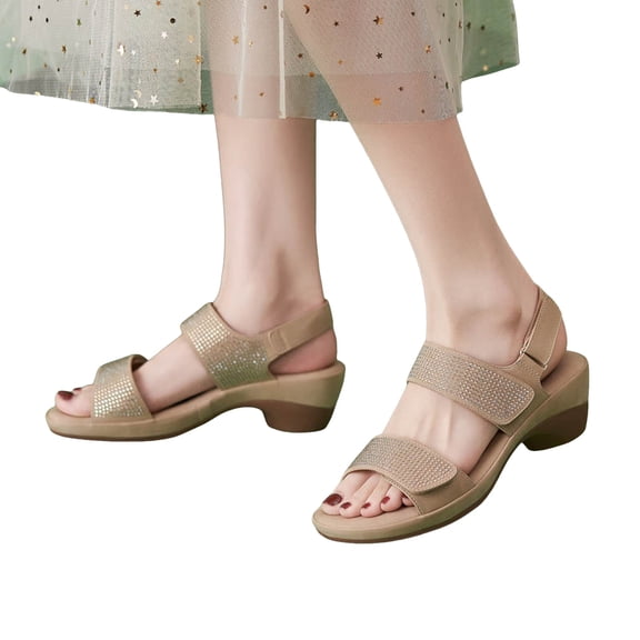 Womens Sparkly Rhinestones Walking Sandals 2026 Beach Summer Glitter Chunky High Heels Dress Sandals