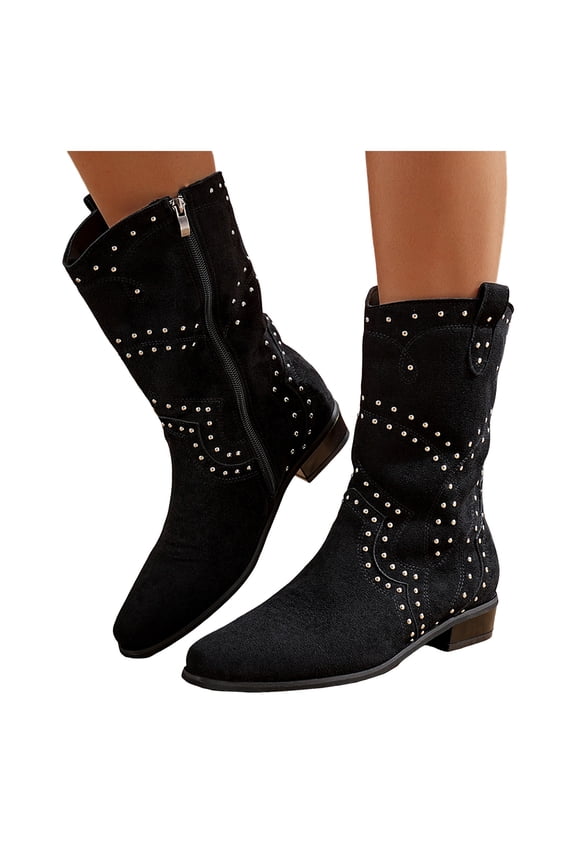 Womens Sparkly Rhinestones Wide Calf Cowboy Boots Winter Fall Suede Glitter Chunky Low Heel Mid Calf Cowgirl Dress Booties