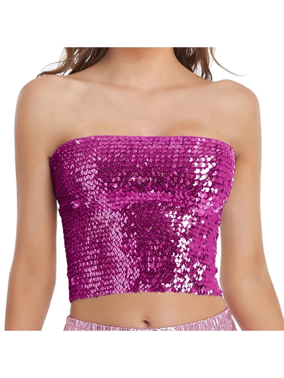 Womens Sparkly Sequin Bandeau Purple Crop Tops Strapless Metallic Party Clubwear Rave Yellow Green Tube Tops Pink A