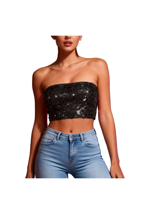 Womens Sparkly Sequin Bandeau Purple Crop Tops Strapless Party Club-Wear Rave Yellow Green Tube Top