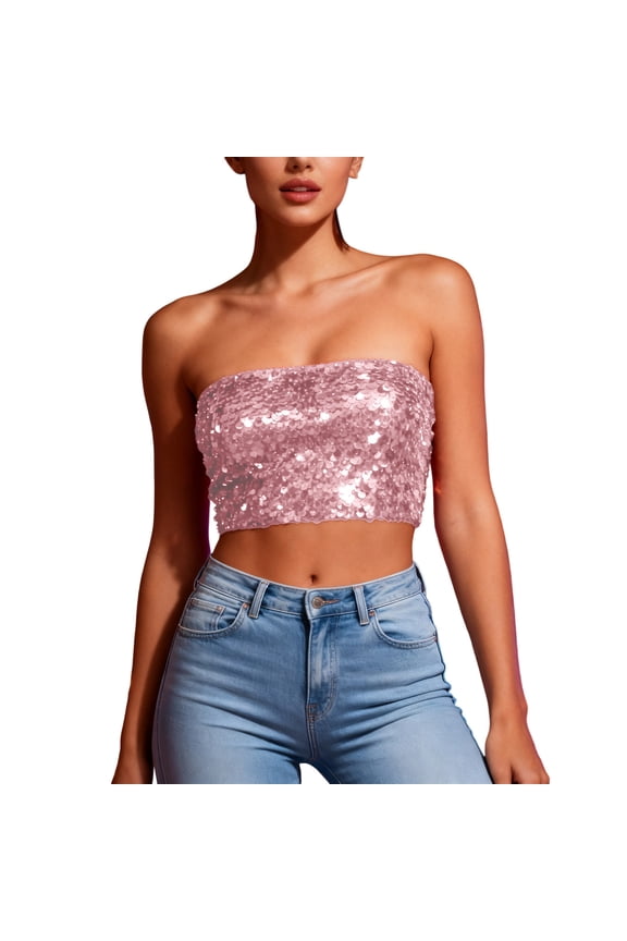 Womens Sparkly Sequin Bandeau Purple Crop Tops Strapless Party Club-Wear Rave Yellow Green Tube Top