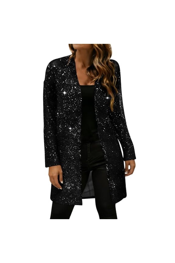 Womens Sparkly Sequin Bead Cardigan Sheer Mesh Long 3/4 Sleeve Open Front Shrug Bolero Jacket Lightweight Dressy Party Glitter Clubwear Tops,Black,XL