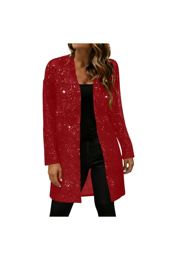 Womens Sparkly Sequin Bead Cardigan Sheer Mesh Long 3/4 Sleeve Open Front Shrug Bolero Jacket Lightweight Dressy Party Glitter Clubwear Tops,Red,S