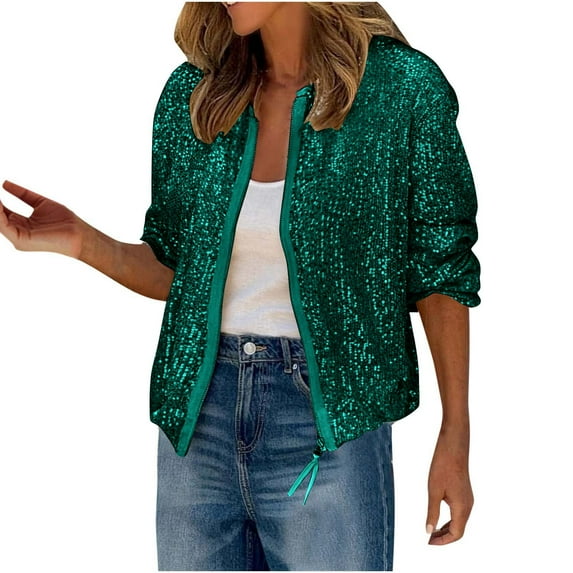 Womens Sparkly Sequin Coats, Zip Up Jakcet for Women Fall Fashion Shiny Solid Color Cropped Long Sleeve Pullover Coats S-2XL