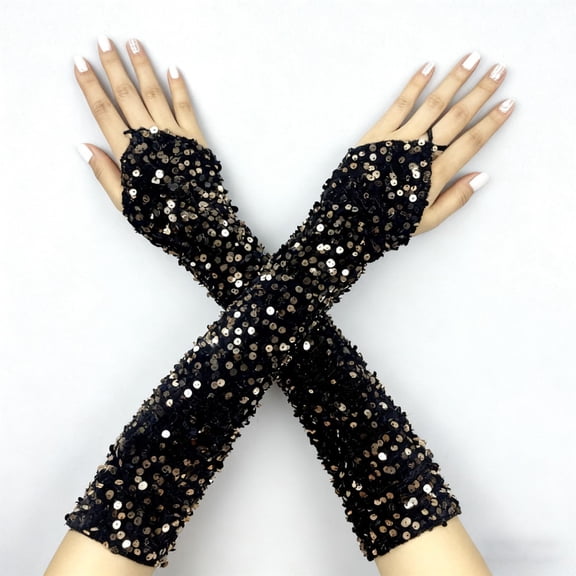 Womens Sparkly Sequin Gloves Long Velvet Length Arm Sleeves Gloves Wedding Stage Performance Gloves Role Playing
