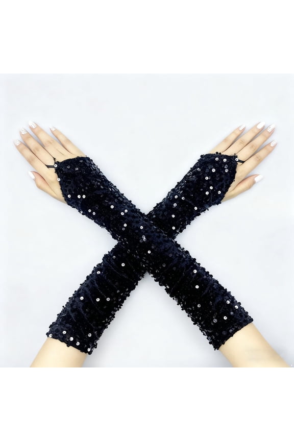 Womens Sparkly Sequin Gloves Long Velvet Length Arm Sleeves Gloves Wedding Stage Performance Gloves Role Playing