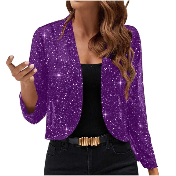 Womens Sparkly Sequin Jacket Girls Cropped Cardigan Blazer Shrugs Mesh Glitter Jacket for Evening Dress Dark Purple L