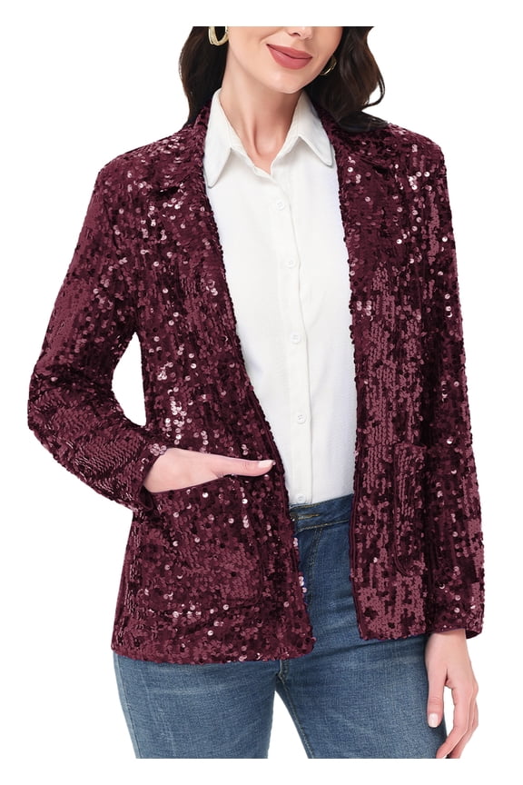 Womens Sparkly Sequin Jacket Long Sleeve Open Front Evening Party Blazer with Pockets, Burgundy, Medium