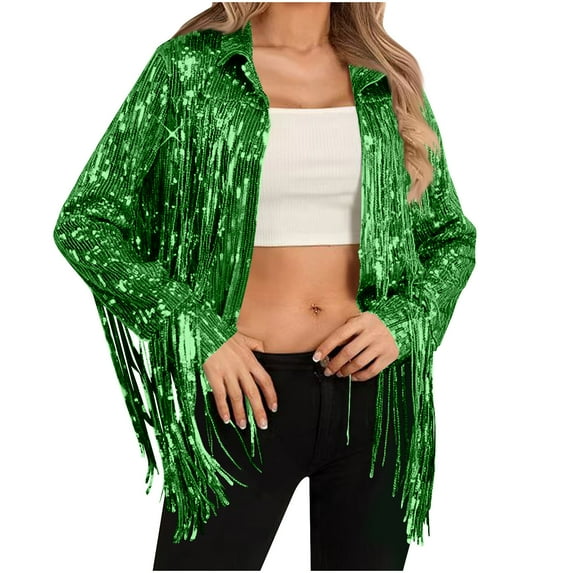 Womens Sparkly Sequin Jacket Tassel Fringe Hem Shiny Glitter Disco Cardigans Sequin Fringe Jacket Coat Y2k 90s Outerwear (L, Green)
